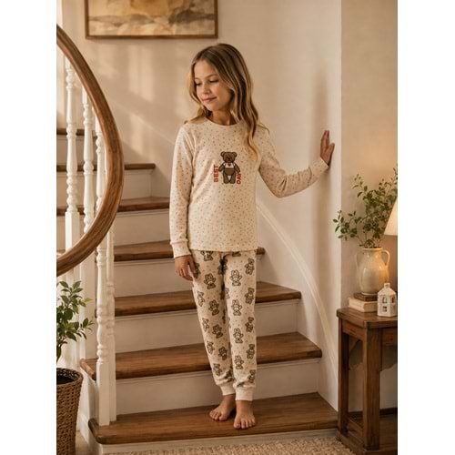 Tarık Ayı Best Nakışlı Waffle Kumaş Kız Pijama Takımı 11-16 Yaş -TA6763320 - KREM