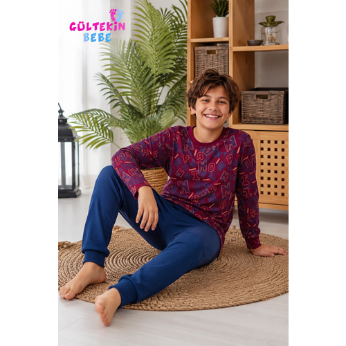 Tarık İnterlok Kumaş Harf Baskılı Erkek Pijama Takımı 11-16 Yaş -TA4418470 - BORDO