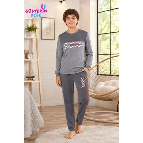 Tarık İnterlok Kumaş Kendinden Desenli Erkek Pijama Takımı 11-16 Yaş -TA4416470 - GRİ