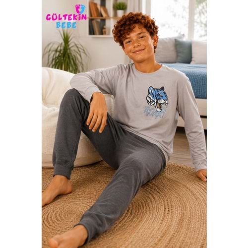 Tarık İnterlok Kumaş Çıta Baskılı Erkek Pijama Takımı 11-16 Yaş -TA4405470 - GRİ