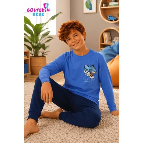 Tarık İnterlok Kumaş Çıta Baskılı Erkek Pijama Takımı 11-16 Yaş -TA4405470 - MAVİ