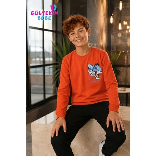 Tarık İnterlok Kumaş Çıta Baskılı Erkek Pijama Takımı 11-16 Yaş -TA4405470 - TURUNCU