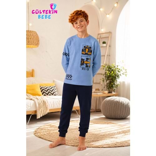 Tarık İnterlok Kumaş Araba Baskılı Erkek Pijama Takımı 11-16 Yaş -TA4401470 - MAVİ
