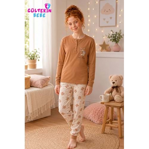 Tarık İnterlok Kumaş Ayıcık Baskılı Kız Pijama Takımı 11-16 Yaş -TA6750470 - KAHVERENGİ
