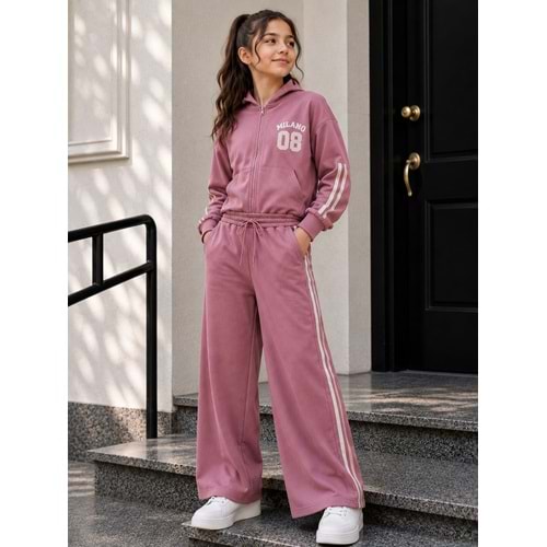 Vız Vız Kids Milano Baskılı İkili Kız Fermuarlı Eşofman Takımı 8-16 Yaş -VI1305680 - GÜL KURUSU