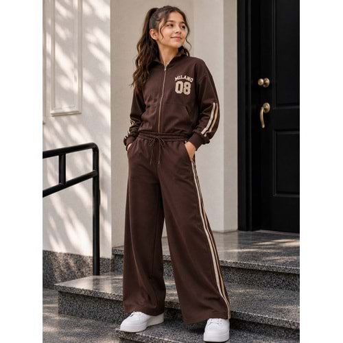 Vız Vız Kids Milano Baskılı İkili Kız Fermuarlı Eşofman Takımı 8-16 Yaş -VI1305680 - KAHVERENGİ