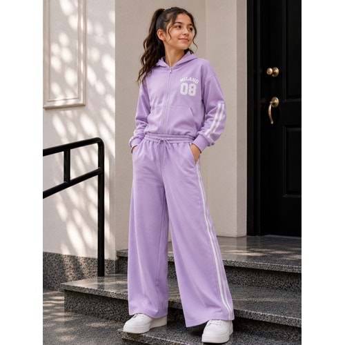Vız Vız Kids Milano Baskılı İkili Kız Fermuarlı Eşofman Takımı 8-16 Yaş -VI1305680 - LİLA