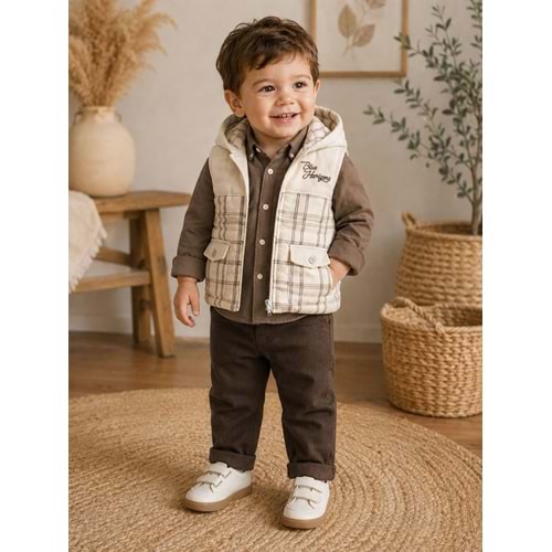 Hippıl Baby Çizgili Keten Gömlekli Erkek Üçlü Takım 1-4 Yaş -BA7090635 - KAHVERENGİ