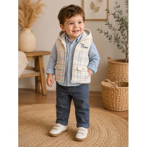 Hippıl Baby Çizgili Keten Gömlekli Erkek Üçlü Takım 1-4 Yaş -BA7090635 - MAVİ