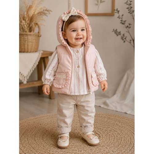 Hippıl Baby Çizgili Keten Gömlekli Şişme Yelekli Kız Üçlü Takım 9-24 Aylık-BA5275863 - PEMBE