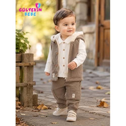 Hippıl Kadife Kumaş Yelekli Erkek Üçlü Takım 1-4 Yaş -BA9100863 - AÇIK KAHVE
