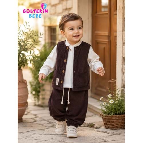 Hippıl Kadife Kumaş Yelekli Erkek Üçlü Takım 1-4 Yaş -BA9100863 - KAHVERENGİ