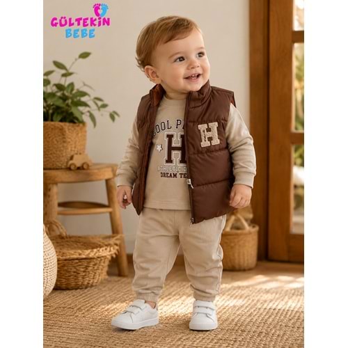 Aydino Baby H Nakışlı Erkek Yelekli Üçlü Takım 9-24 Aylık -BA1842380 - KAHVERENGİ