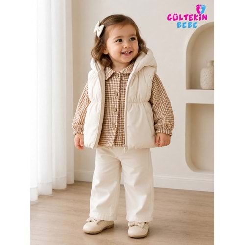 Hippıl Baby Ekose Gömlekli Kız Şişme Yelekli Üçlü Takım 9-24 Aylık -BA462578646 - BEYAZ