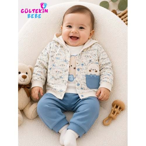 Agucuk Baby Papyonlu Ayıcıklar Ceketli 3 lü Erkek Takım 3-12 Aylık -BA455947281 - MAVİ