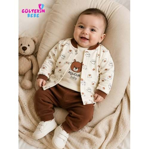 Agucuk Baby Kulaklı Ayılı Ceketli 3 lü Erkek Takım 3-12 Aylık -BA464395270 - KAHVERENGİ