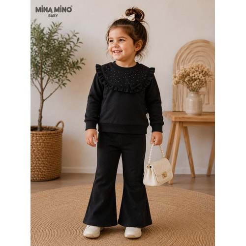 Mina Mino Baby Ön Roba Detaylı Taş Baskılı Kız İkili Takım 2-5 Yaş -BA463101256 - SİYAH