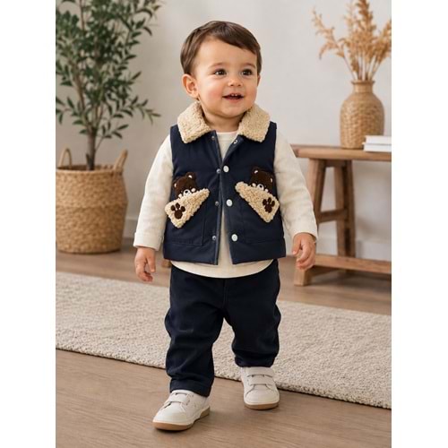 Canöz Bebe Yelekli Gömlekli Erkek Üçlü Takım 9-24 Aylık -AY3914856 - LACİVERT