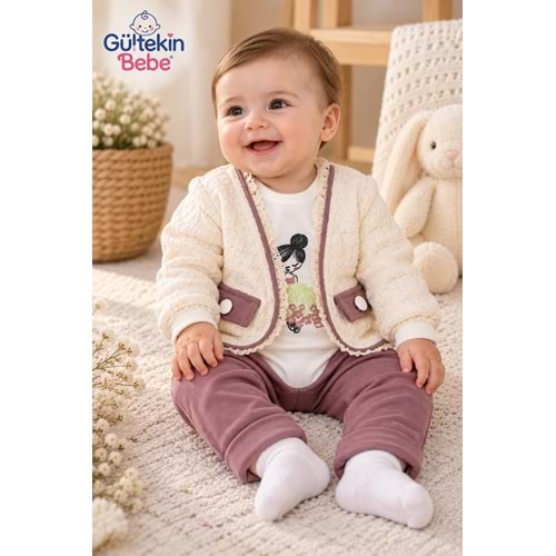 Mini Pakel Örme Desenli Kız Üçlü Takım 3-12 Aylık -DÜ1495380 - GÜL KURUSU
