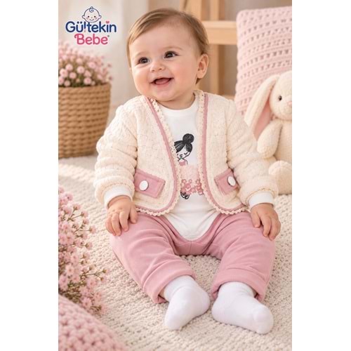 Mini Pakel Örme Desenli Kız Üçlü Takım 3-12 Aylık -DÜ1495380 - PEMBE