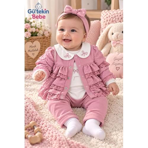 Mini Pakel Fırfırlı Kız Üçlü Takım 3-12 Aylık -DÜ1544408 - GÜL KURUSU