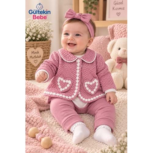 Mini Pakel Kalp Desenli Kız Üçlü Takım 3-12 Aylık -DÜ1500390 - GÜL KURUSU