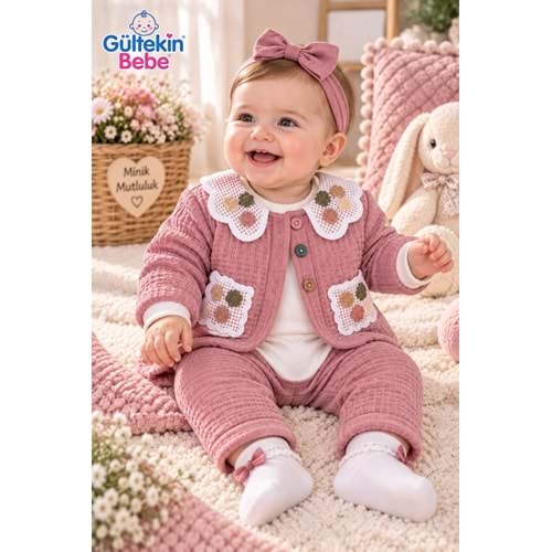 Mini Pakel Renkli Düğmeli Kız Üçlü Takım 3-12 Aylık -DÜ1543340 - GÜL KURUSU