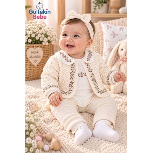 Mini Pakel Çiçek Nakışlı Kız Üçlü Takım 3-12 Aylık -DÜ1498340 - KREM