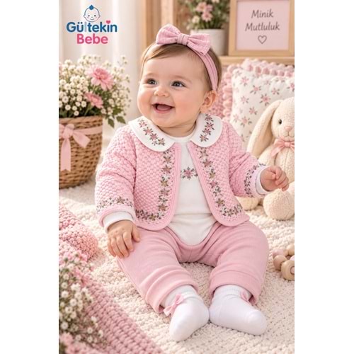 Mini Pakel Çiçek Nakışlı Kız Üçlü Takım 3-12 Aylık -DÜ1498340 - PEMBE