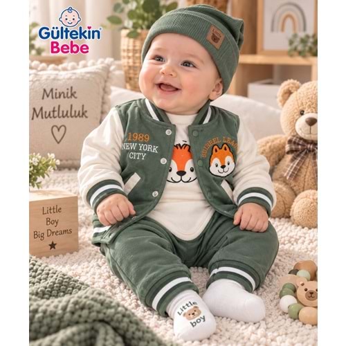 Mini Pakel Tilki Nakışlı Erkek Üçlü Takım 3-9 Aylık -DÜ1546333 - YEŞİL