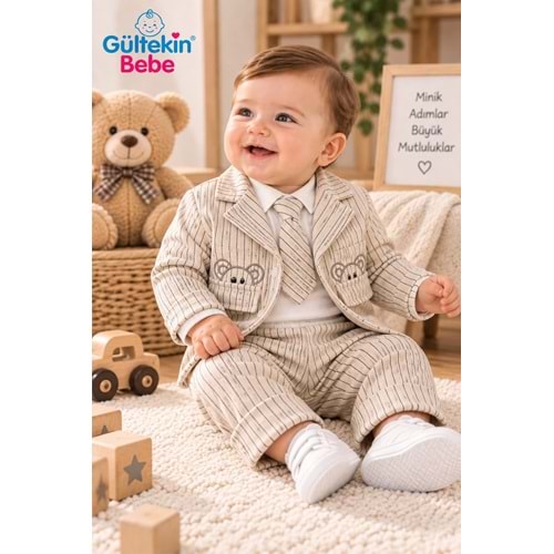Mini Pakel Cepleri Ayıcık Nakışlı Erkek Üçlü Takım 3-9 Aylık -DÜ1330318 - BEJ