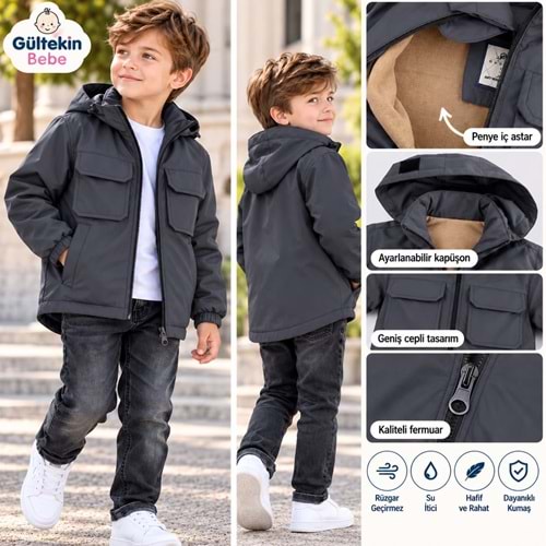 Erkek Paraşüt Kumaş Yağmurluk 7-11 Yaş -VE7419575 - ANTRASİT