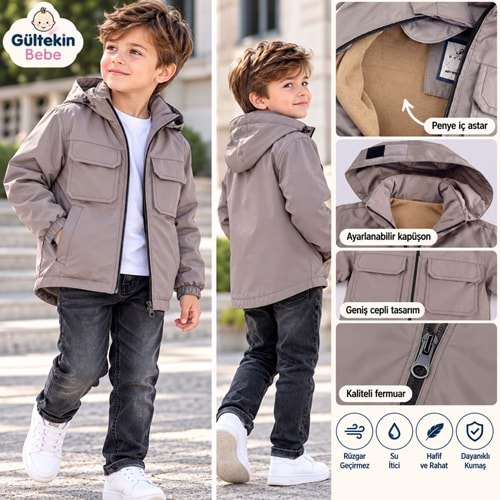 Erkek Paraşüt Kumaş Yağmurluk 7-11 Yaş -VE7419575 - KAHVERENGİ