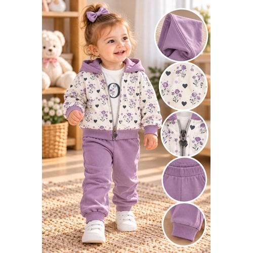 Babywood Love Baskılı Kız Üçlü Takım 9-24 Aylık -DÜ26761331 - MOR