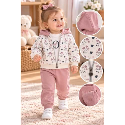 Babywood Love Baskılı Kız Üçlü Takım 9-24 Aylık -DÜ26761331 - PEMBE