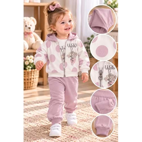 Babywood Lucky Baskılı Kız Üçlü Takım 9-24 Aylık -DÜ26760331 - GÜL KURUSU