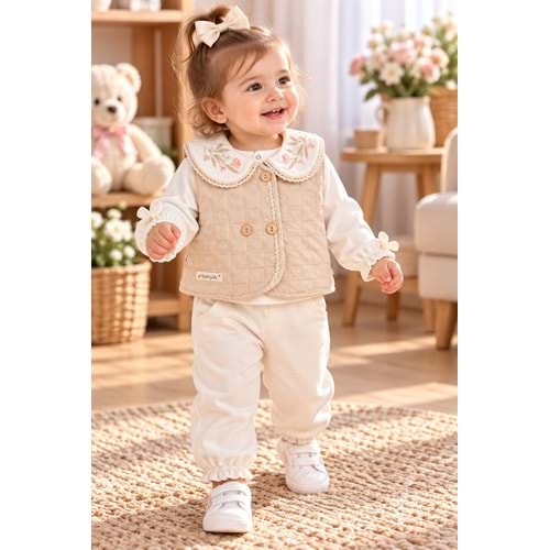 Baby Hi Kız Yakalı Şişme Yelekli Üçlü Takım 9-18 Aylık -DÜ662395 - BEJ