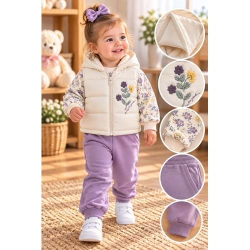 Baby Hi Süzine Çiçekli Şişme Yelekli Kız Üçlü Takım 9-18 Aylık -DÜ672342 - MOR