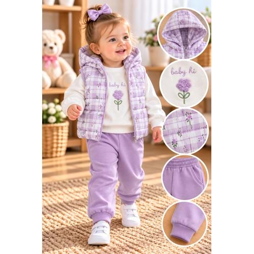 Baby Hi Süzine Çiçekli Şişme Yelekli Kız Üçlü Takım 9-18 Aylık -DÜ670342 - MOR