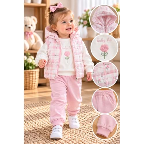 Baby Hi Süzine Çiçekli Şişme Yelekli Kız Üçlü Takım 9-18 Aylık -DÜ670342 - PEMBE