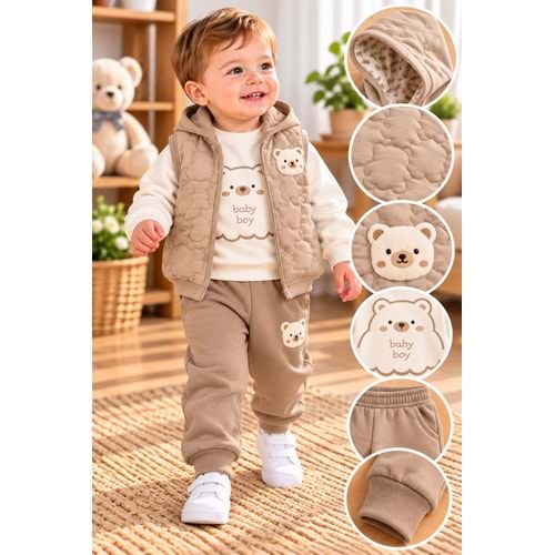 Baby Hi Ayıcıklı Şişme Yelekli Erkek Üçlü Takım 9-18 Aylık -DÜ649327 - AÇIK KAHVE