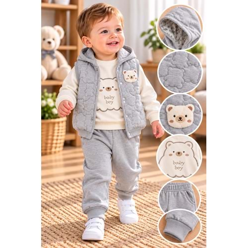 Baby Hi Ayıcıklı Şişme Yelekli Erkek Üçlü Takım 9-18 Aylık -DÜ649327 - GRİ