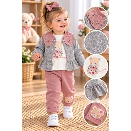 Baby Hi Gül Jakarlı Kız Üçlü Takım 9-18 Aylık -DÜ630250 - GÜL KURUSU