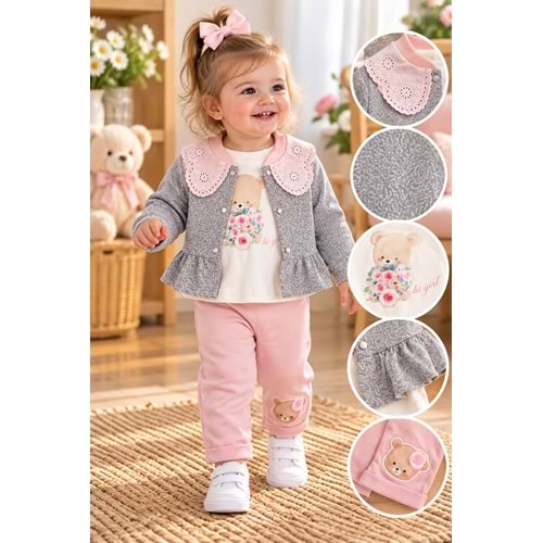 Baby Hi Gül Jakarlı Kız Üçlü Takım 9-18 Aylık -DÜ630250 - PEMBE