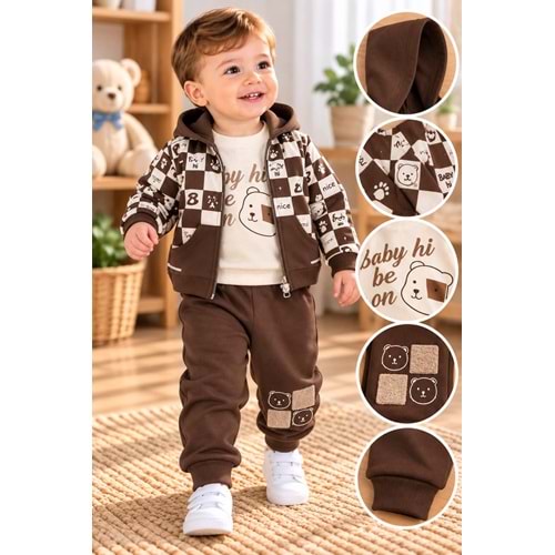 Baby Hi Yazılı Erkek Üçlü Takım 9-18 Aylık -DÜ605260 - KAHVERENGİ