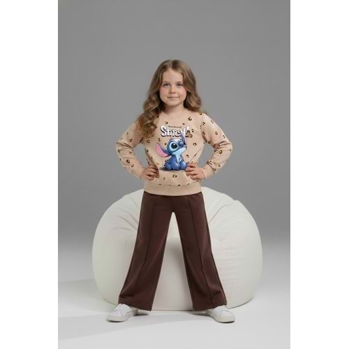Serenad Kids Stıtch Kız Bol Paça Penye İkili Eşofman Takımı 3-10 Yaş -JE261049325 - KAHVERENGİ