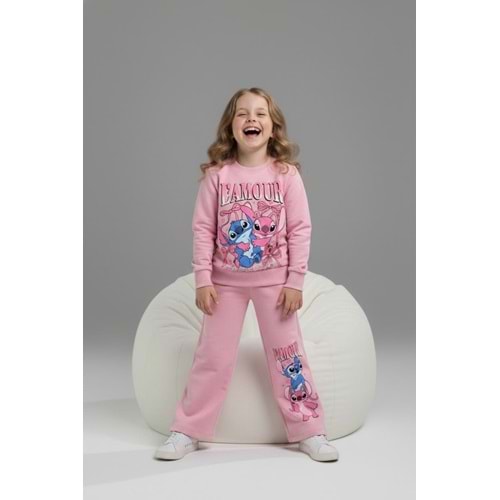 Serenad Kids Stıtch Kız Bol Paça Lamour Yazılı Penye İkili Eşofman Takımı 3-10 Yaş -JE261052325 - AÇIK PEMBE