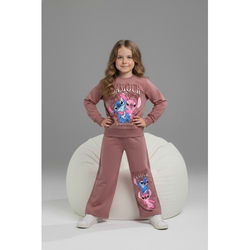 Serenad Kids Stıtch Kız Bol Paça Lamour Yazılı Penye İkili Eşofman Takımı 3-10 Yaş -JE261052325 - GÜL KURUSU