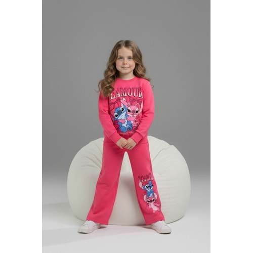 Serenad Kids Stıtch Kız Bol Paça Lamour Yazılı Penye İkili Eşofman Takımı 3-10 Yaş -JE261052325 - KOYU PEMBE