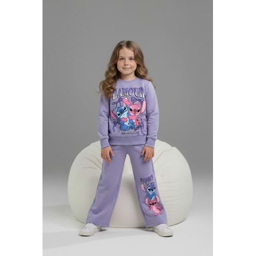 Serenad Kids Stıtch Kız Bol Paça Lamour Yazılı Penye İkili Eşofman Takımı 3-10 Yaş -JE261052325 - LİLA